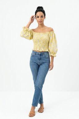 Freshman 1996 Floral Boho Print Smocked Crop Top Puff Sleeve Yellow XL
